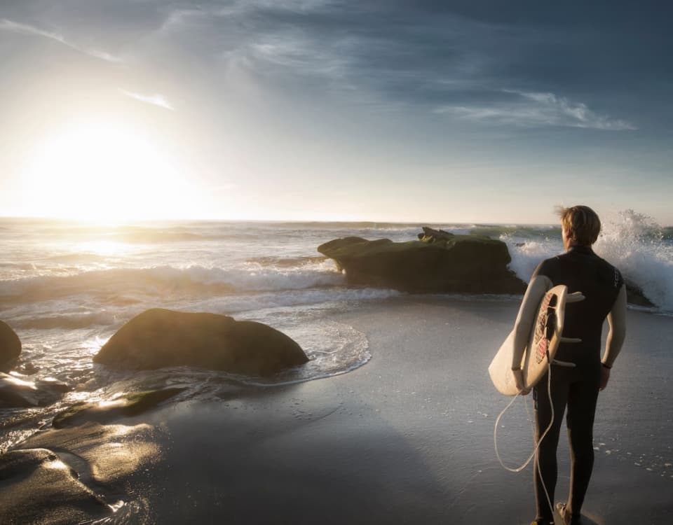 Surfer on the Shoalhaven coast at sunset